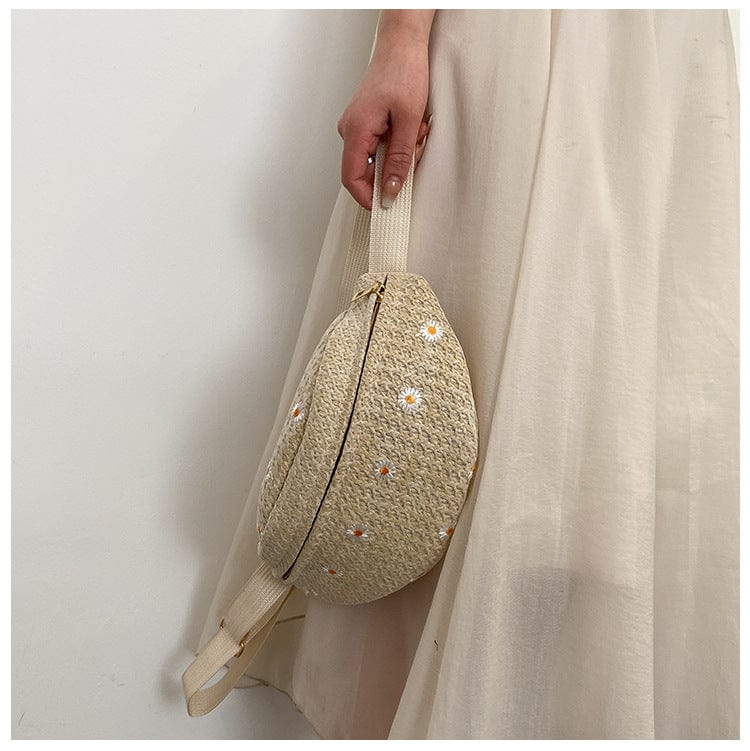 Summer Straw Bag Women's New Japanese Style Small Fresh Lace Daisy Messenger Bag Fashion Beach Bag Waist Bag