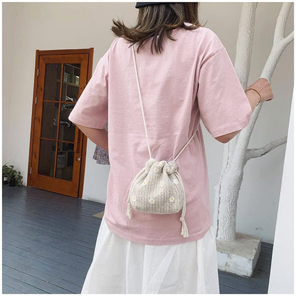 Straw Woven Bag Women's New Fashion Lace Flower Woven Bag Ins Drawstring Bucket Bag All-Match Messenger Bag