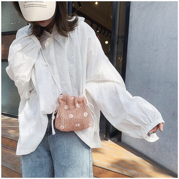 Straw Woven Bag Women's New Fashion Lace Flower Woven Bag Ins Drawstring Bucket Bag All-Match Messenger Bag